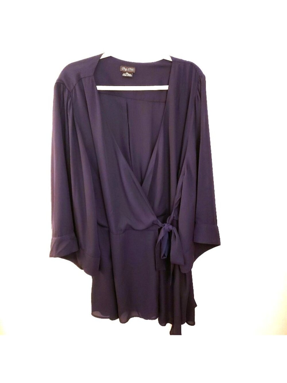 City Chic Navy Blue Asymmetrical Wrap Tunic Top Kimono Sleeve Sz XXL EUC